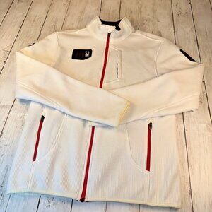 Spyder Jacket Mens Size M White Red Wengen Full Zip Mid Weight Zip Pockets Knit